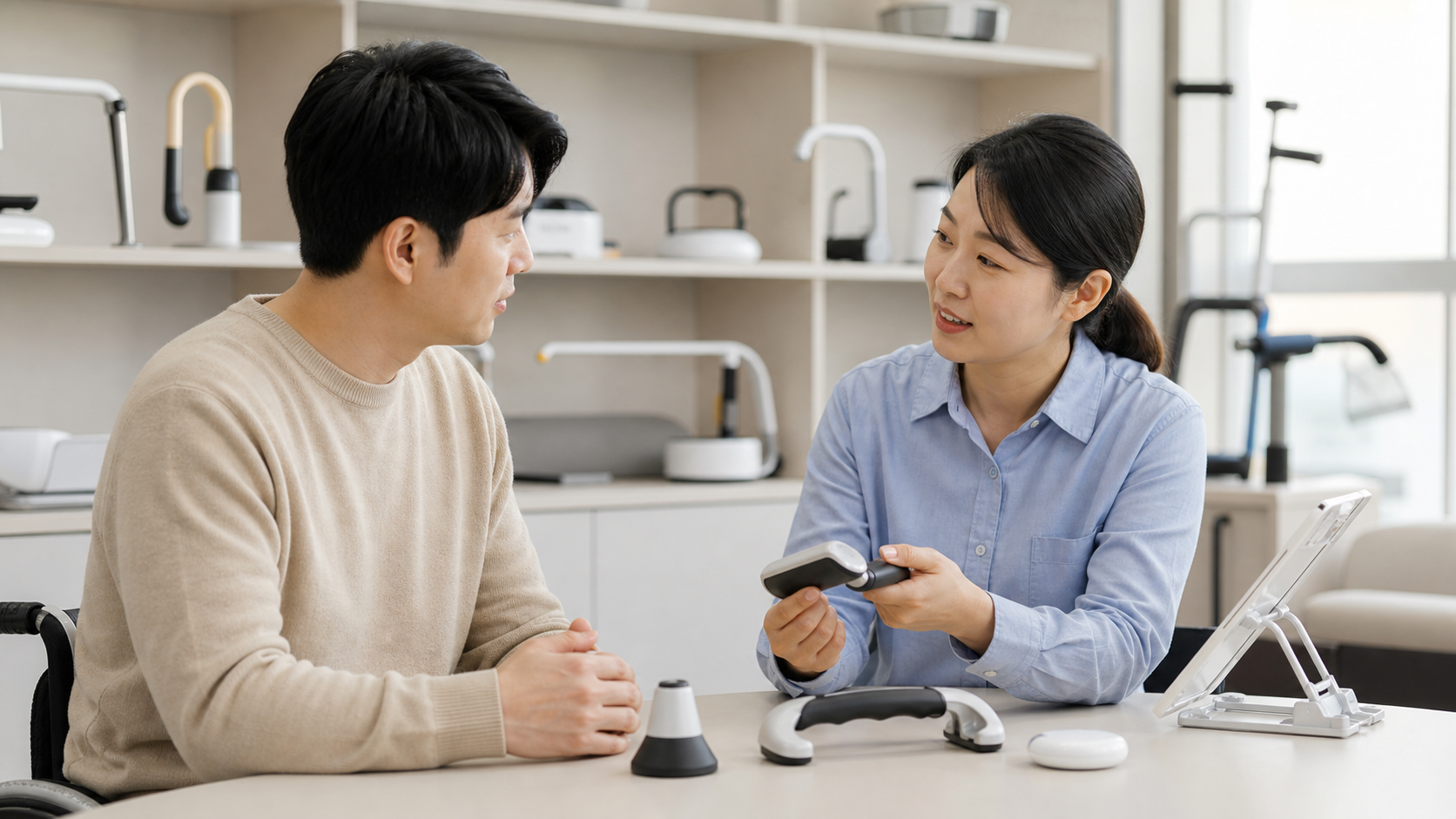 성인이 보조기기 전문가와 자신에게 맞는 보조기기를 상담하는 모습