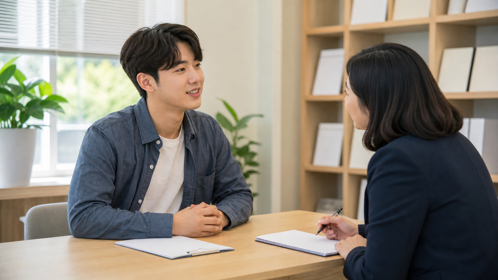 직업계고 졸업생이 취업지원 상담자와 진로 계획을 확인하는 모습
