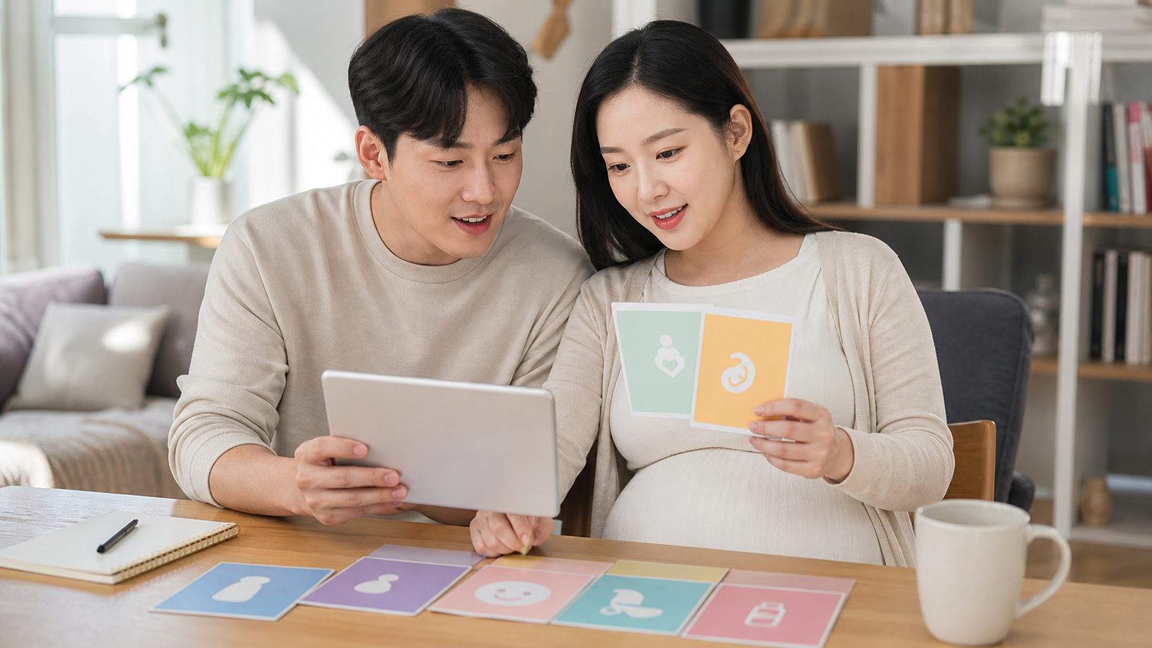 임산부 부부가 밝은 집에서 무료 공익보험 보장 내용을 함께 확인하는 모습