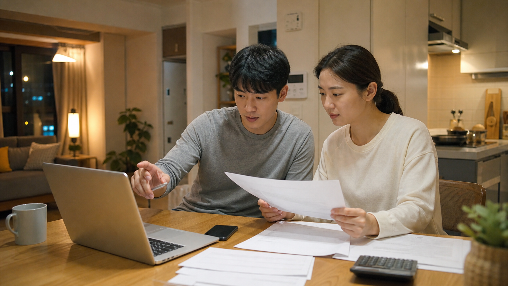 한국의 젊은 부부가 집에서 공공임대 신청 조건과 가계 상황을 확인하는 모습