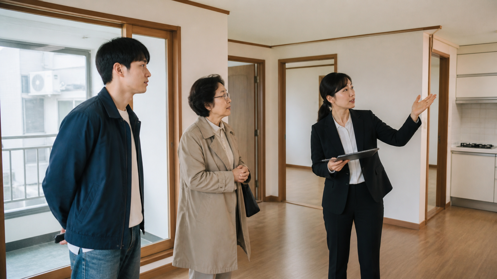 한국의 청년과 가족이 주택 담당자와 함께 기존주택 내부를 살펴보는 모습