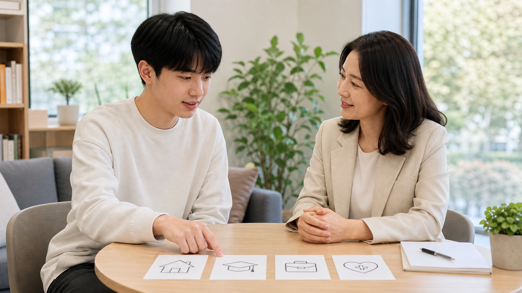자립준비청년이 밝은 상담실에서 담당자와 주거와 취업 계획을 이야기하는 모습