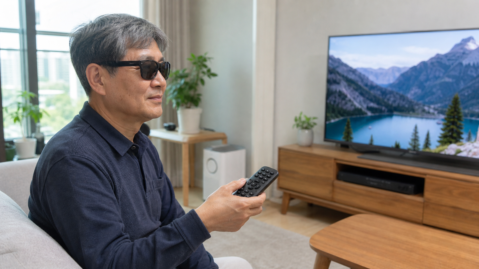 시각장애인 사용자가 거실에서 음성안내 기능이 있는 TV 리모컨을 이용하는 모습