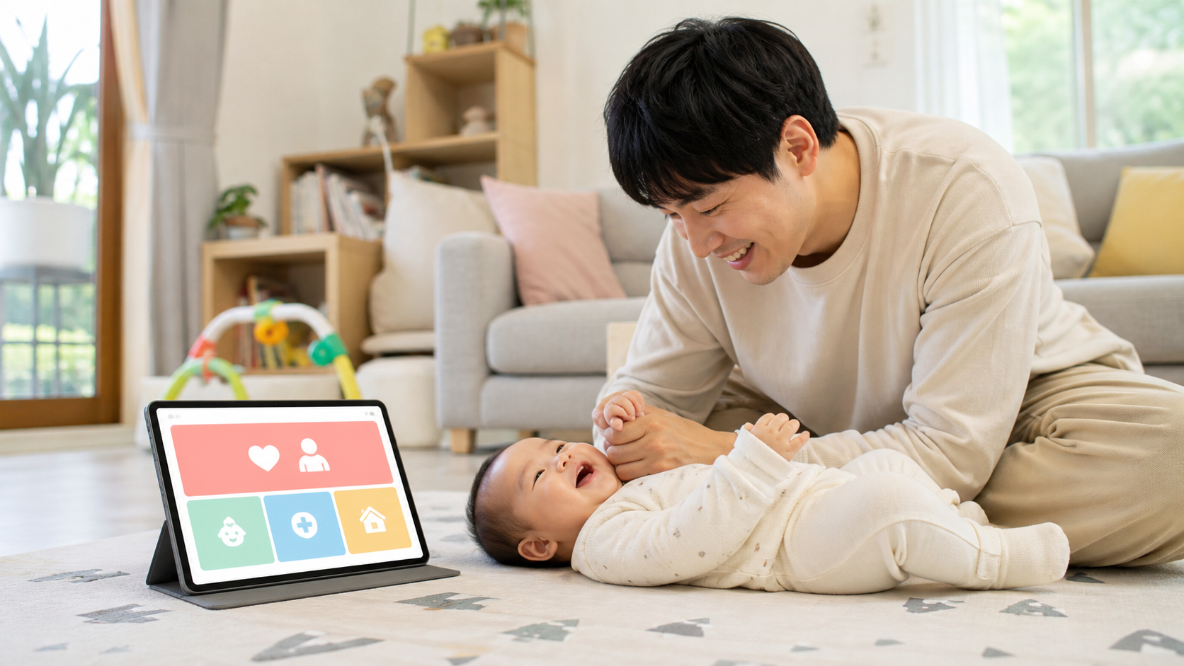 부모가 밝은 집에서 영아를 돌보며 부모급여 신청 정보를 확인하는 모습