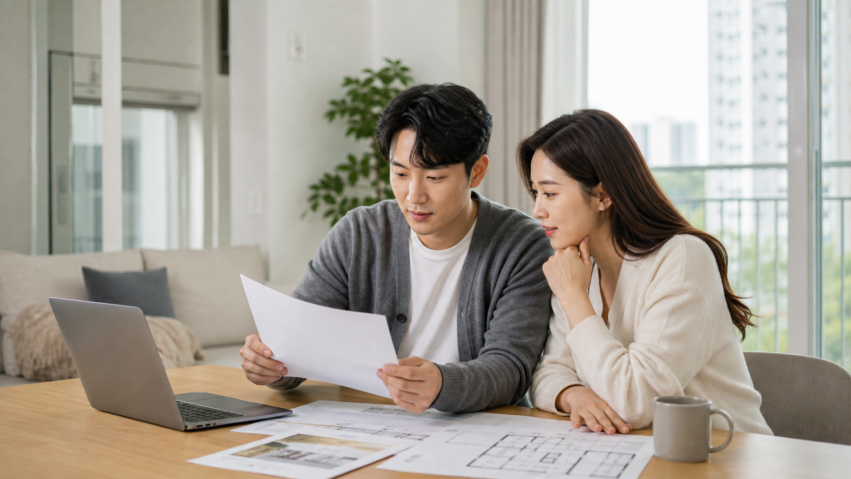 젊은 부부가 공공분양 신청 서류와 주택 평면도를 함께 확인하는 모습