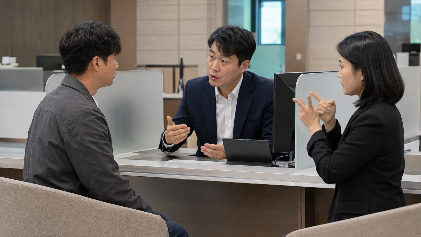 공공기관 상담창구에서 수어통역 지원을 받는 모습