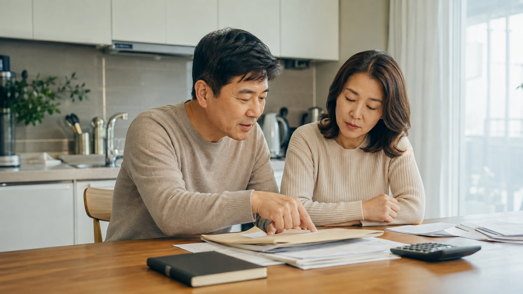 부부가 함께 가구 소득과 재산 관련 서류를 정리하는 모습