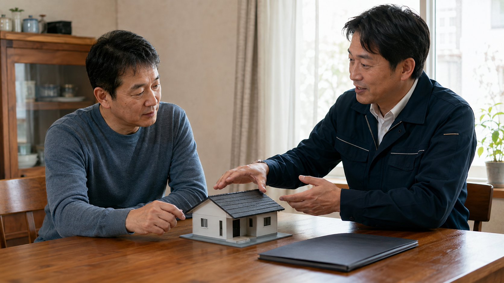 주택 모형을 보며 설치 전 상담을 하는 소유자와 전문업체 관계자