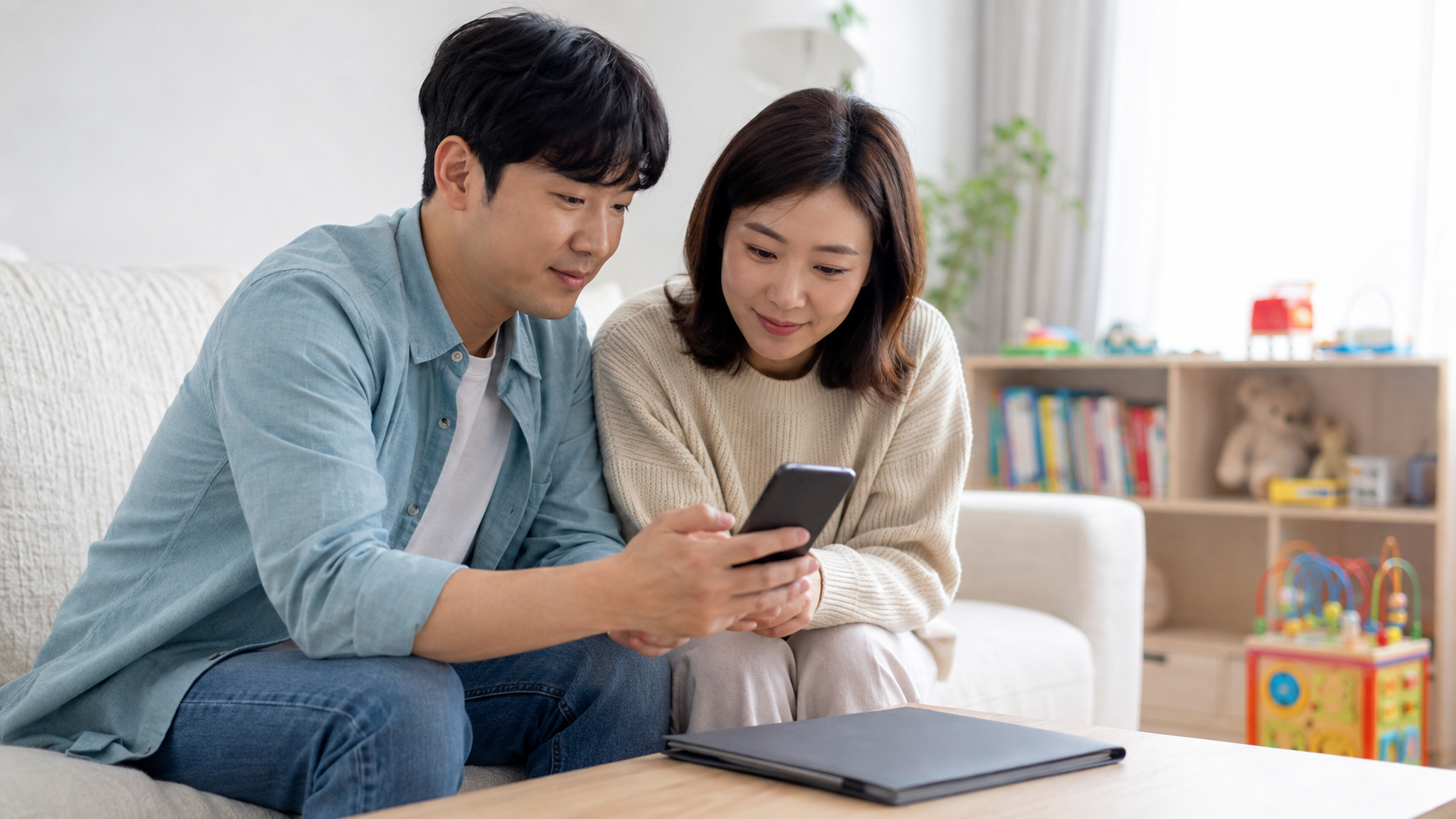 부부가 휴대전화에서 가족 지원 신청 내역을 살펴보는 모습