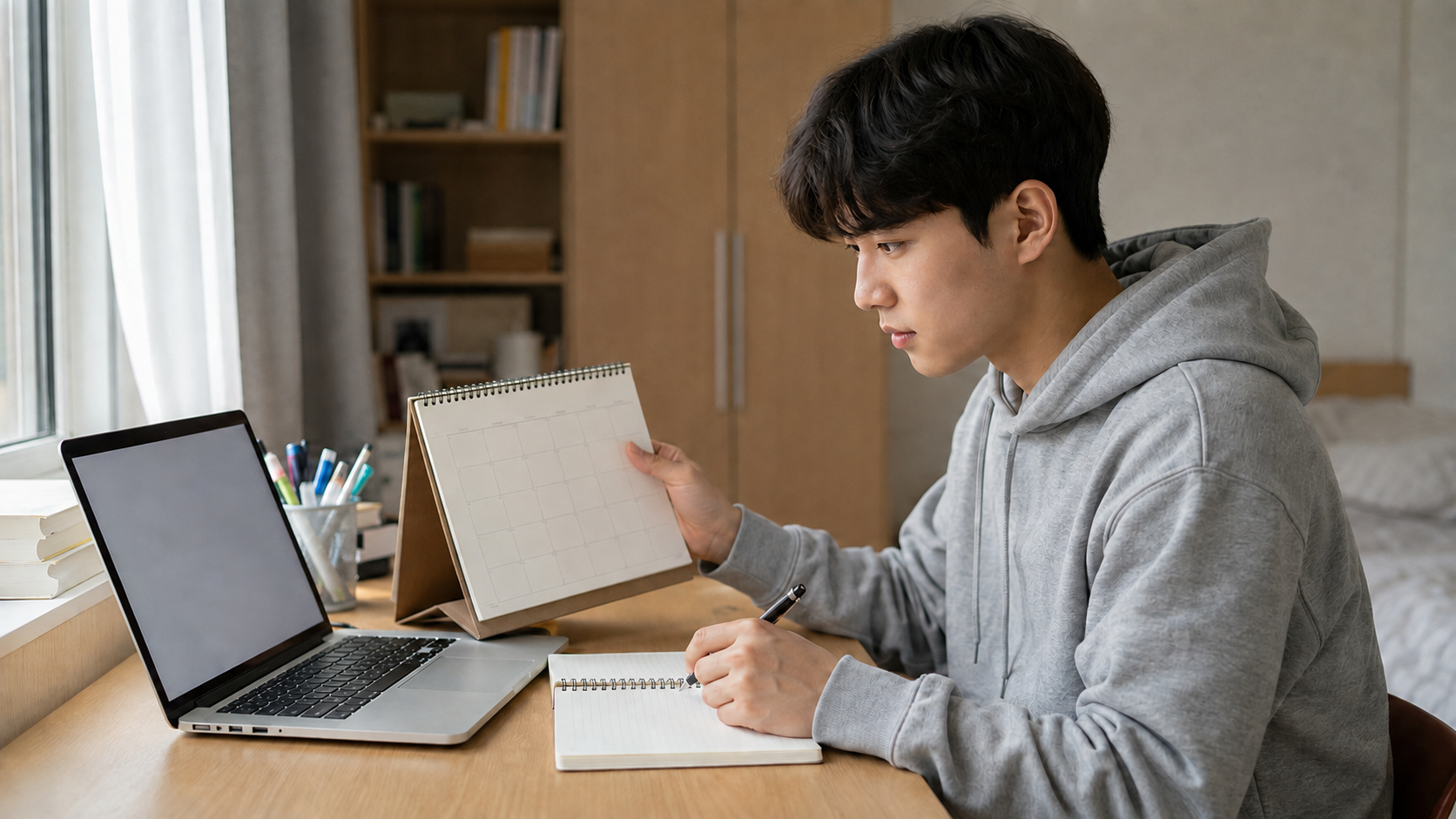 수업과 근로 일정 계획을 세우는 대학생