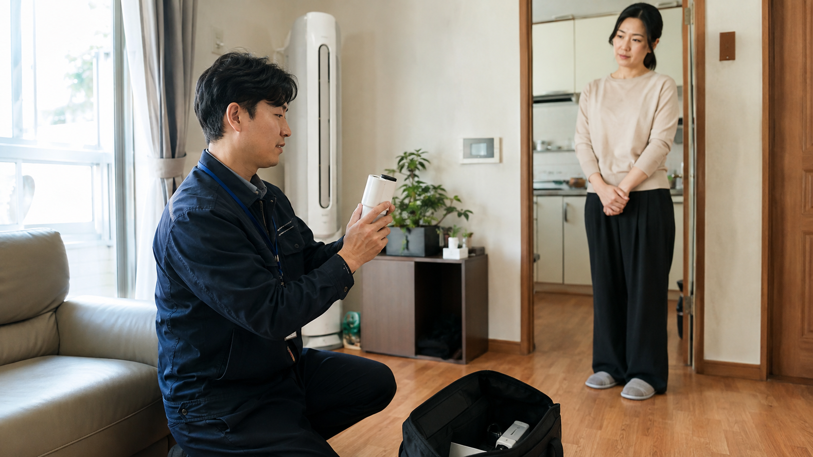 가정의 실내환경을 측정하는 전문인력과 보호자