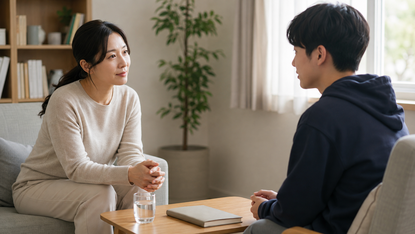 편안한 상담실에서 청소년의 이야기를 경청하는 상담사