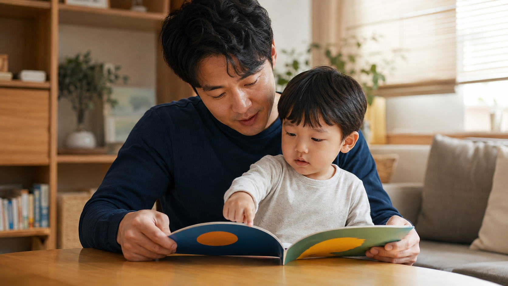 집에서 아이와 함께 책을 읽는 아버지