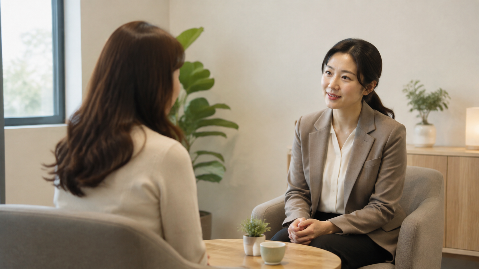 비공개 상담 공간에서 이야기를 듣는 상담자