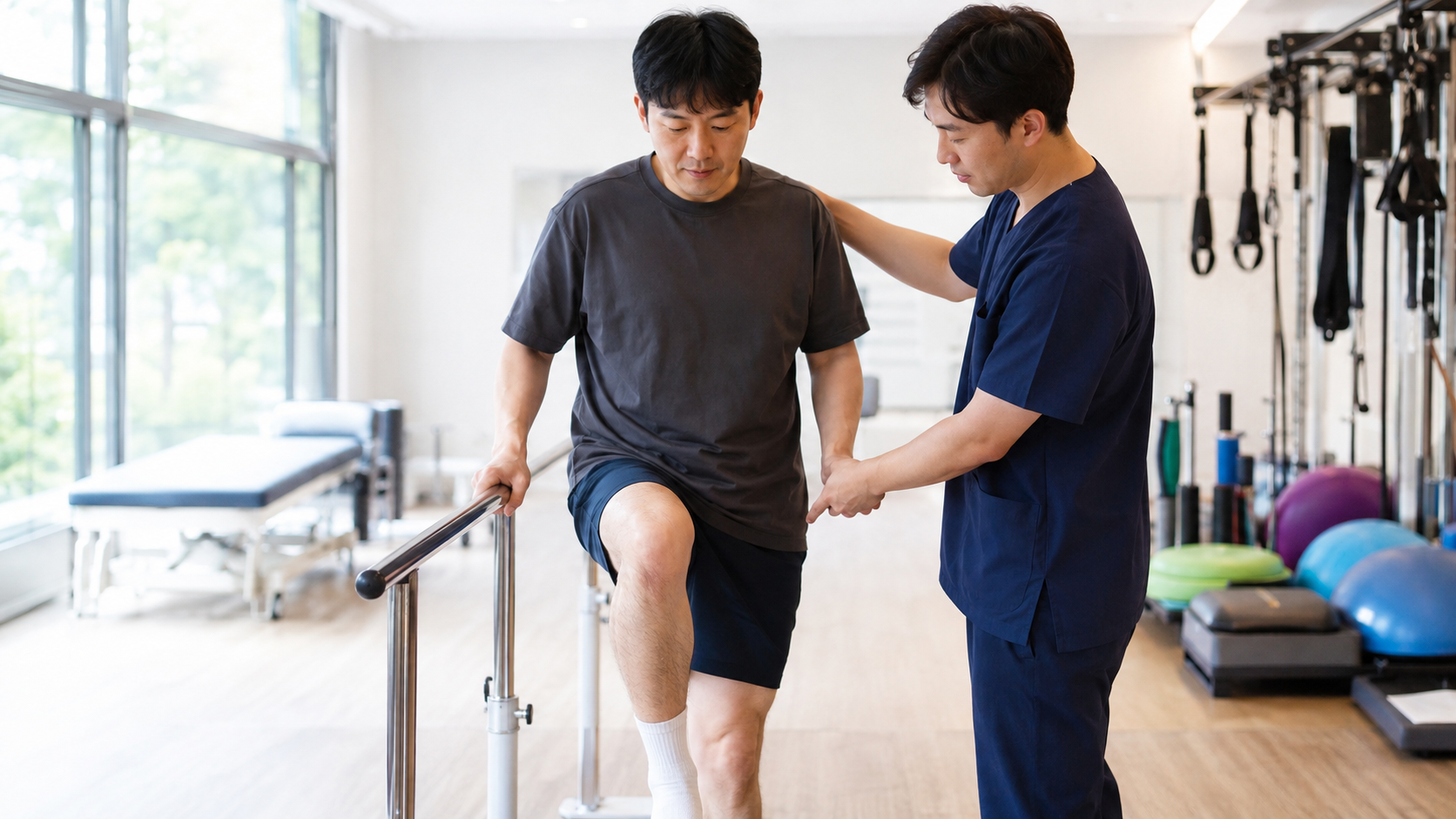 회복을 위한 재활 운동을 의료진과 함께하는 성인