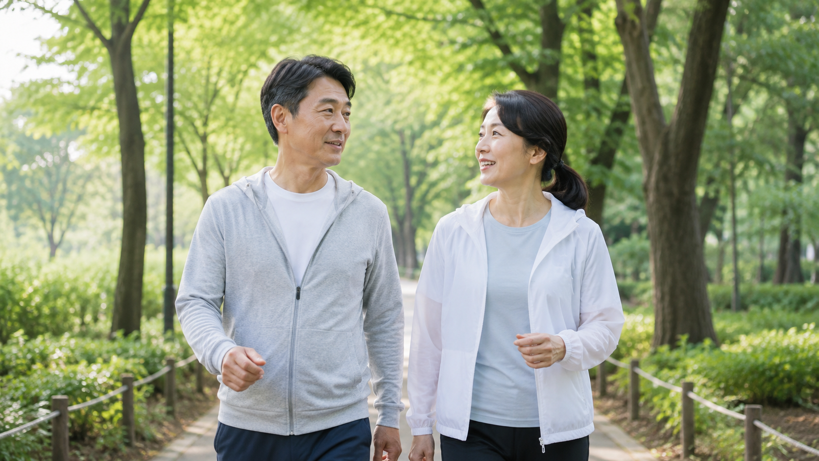 건강과 관계를 챙기며 공원을 함께 걷는 중장년