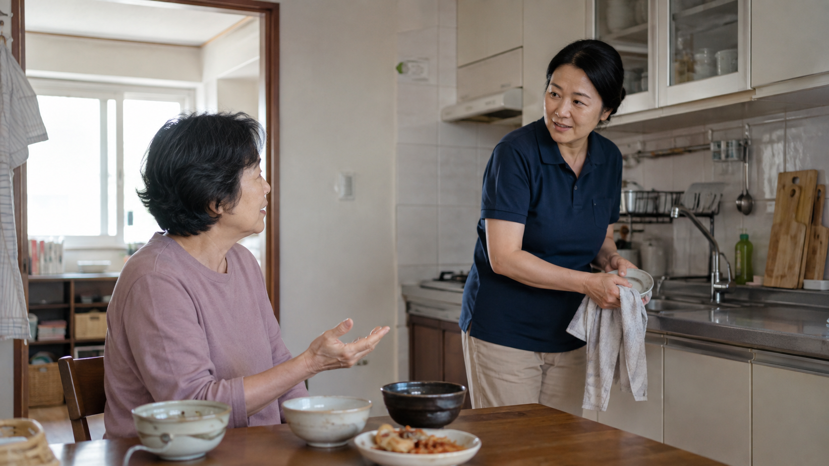 가정의 주방을 정리하며 이용자와 이야기하는 방문 지원 인력