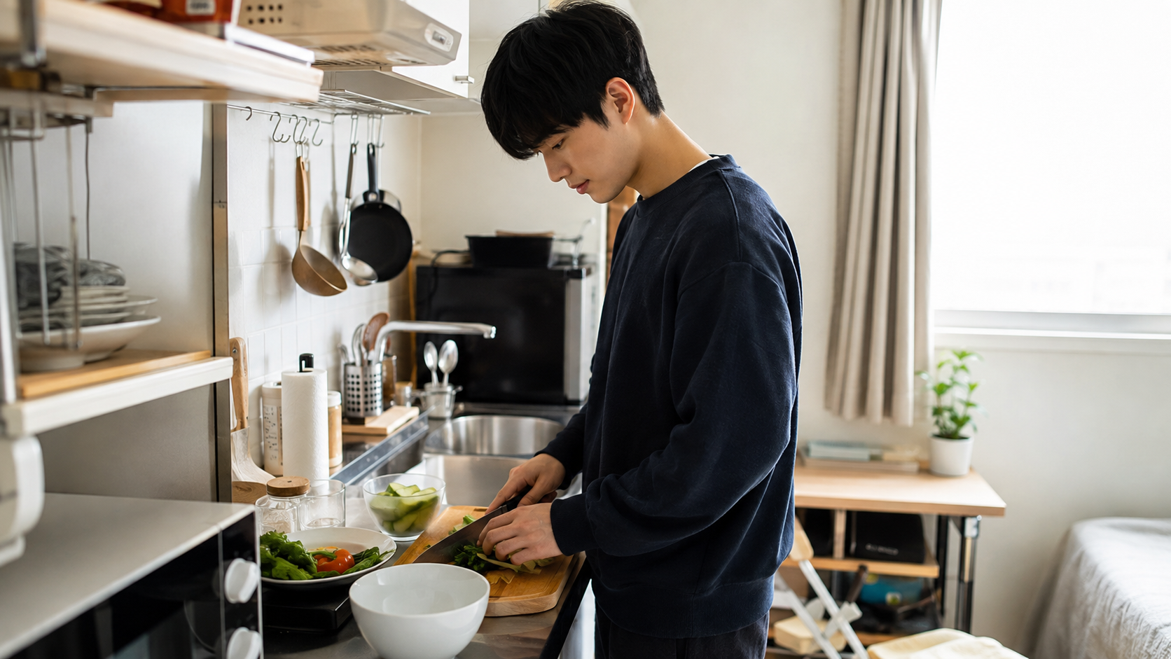 작은 주방에서 스스로 식사를 준비하며 일상생활을 꾸리는 청년