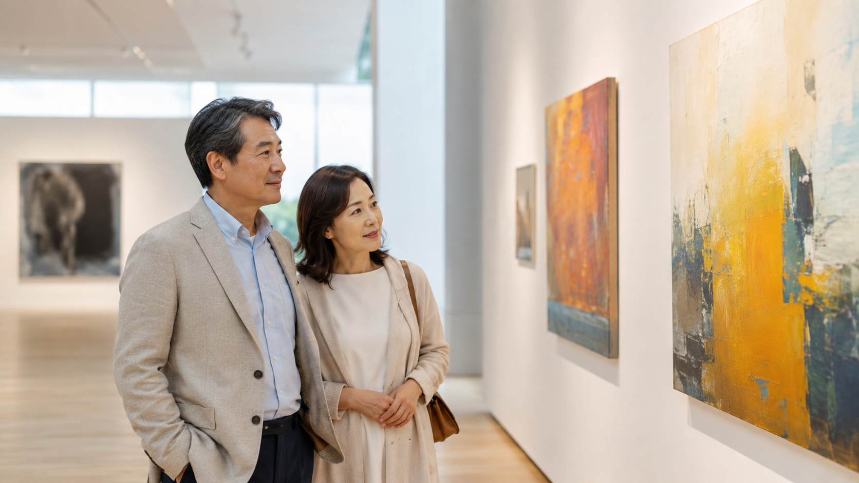 미술관 전시를 관람하는 중장년 부부