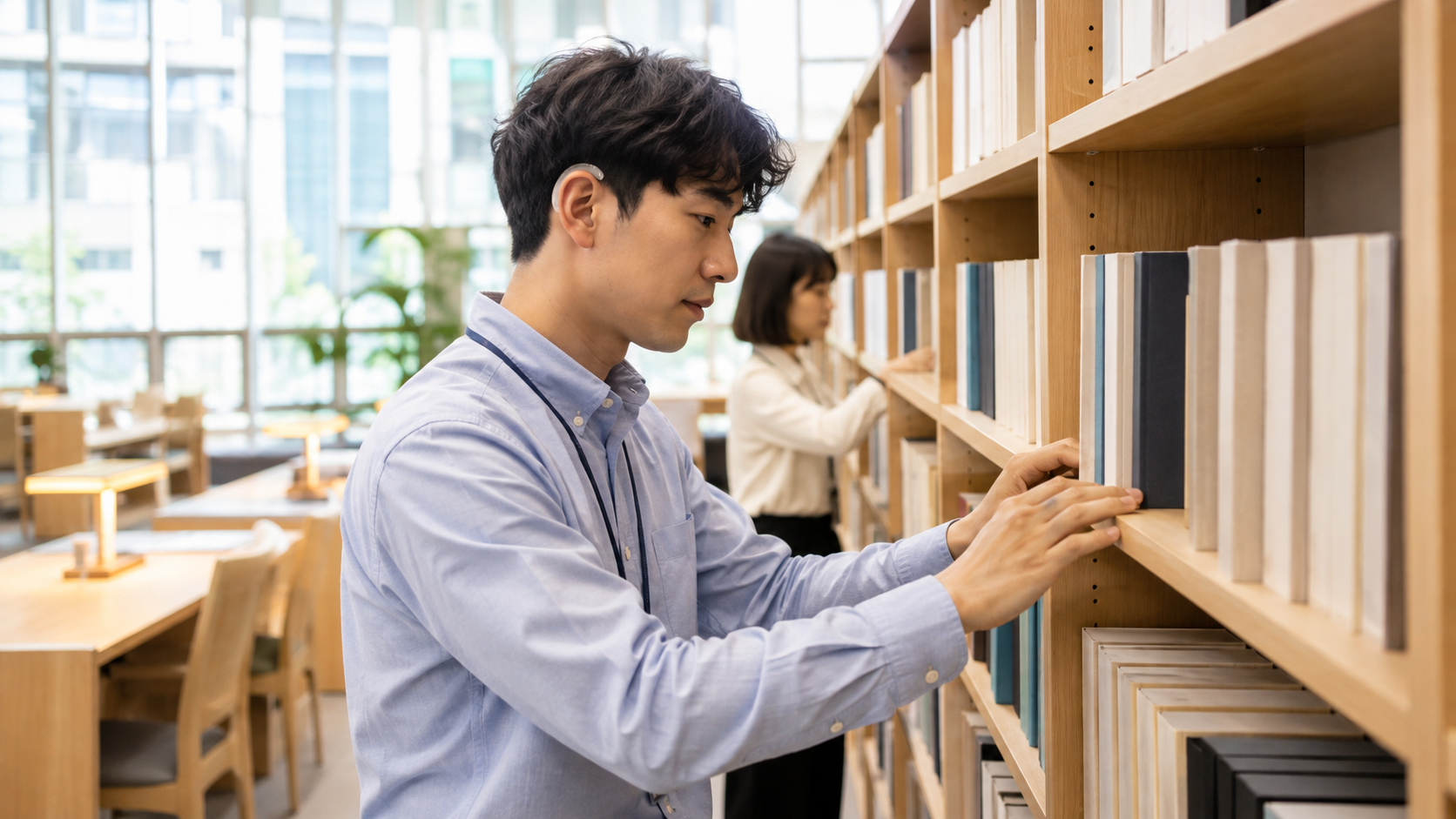 도서관에서 동료와 책을 정리하는 근로자