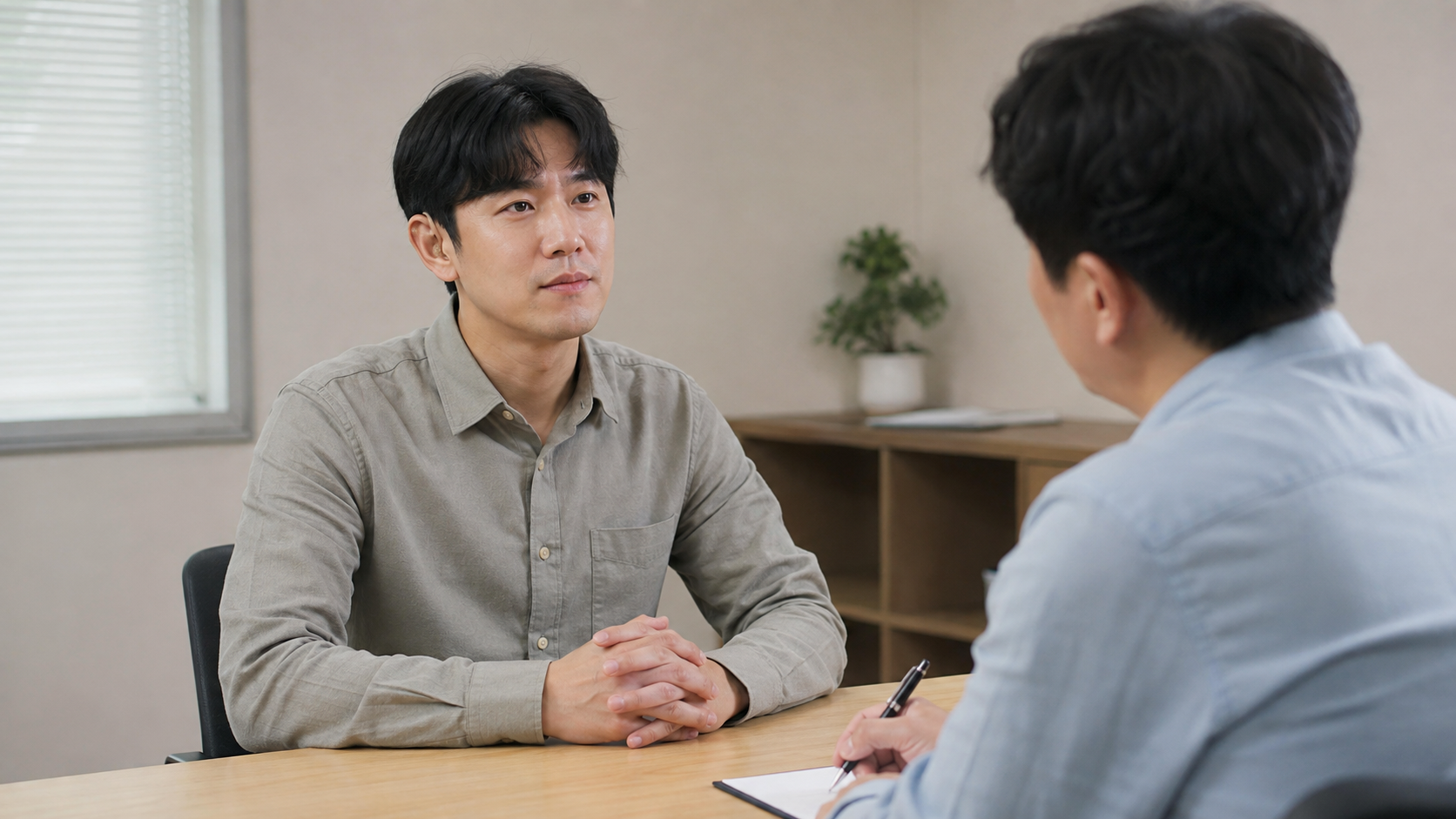 상담사와 함께 채용 면접을 연습하는 성인 구직자