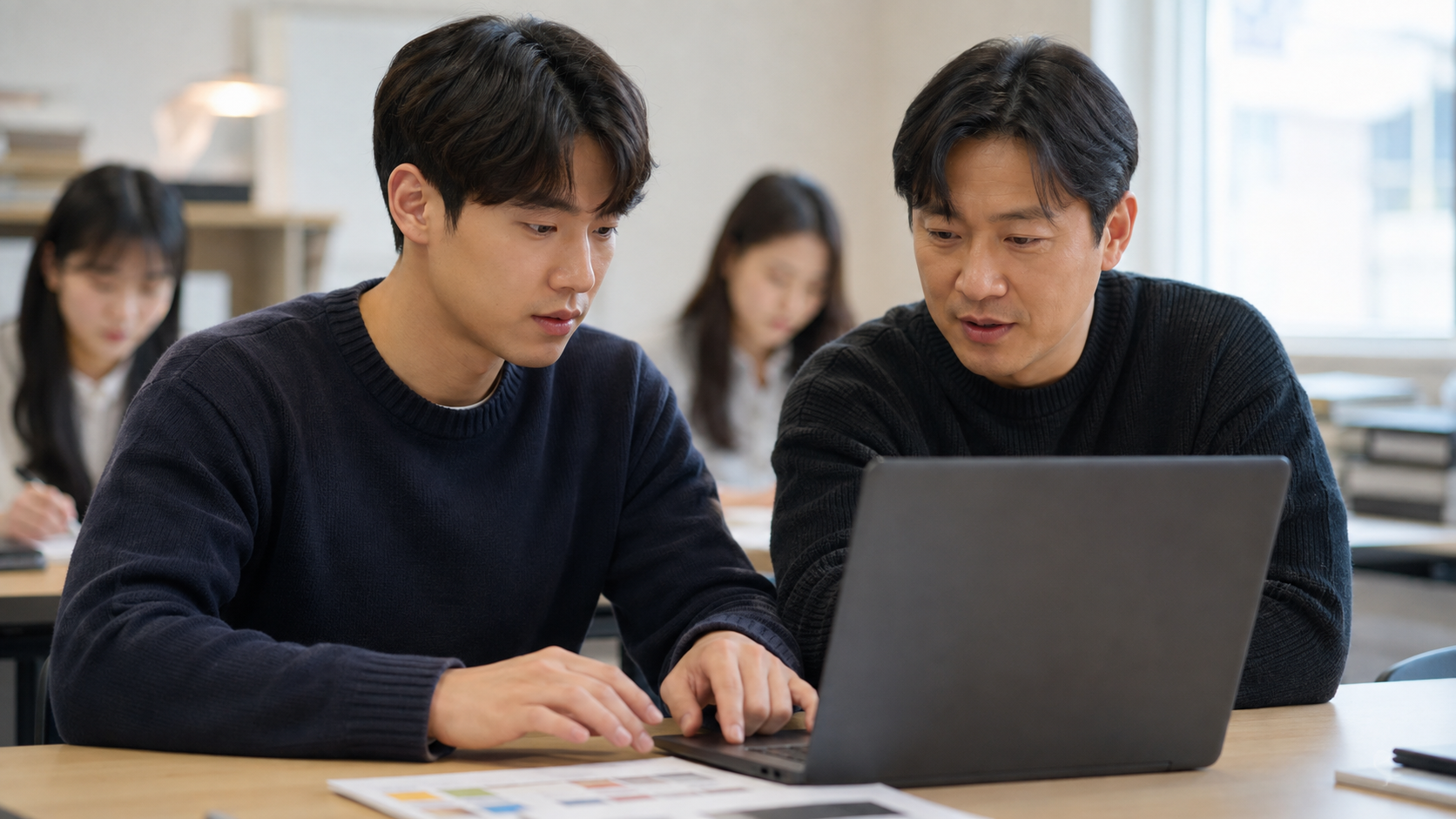 직업훈련실에서 강사와 디지털 디자인 학습을 진행하는 성인