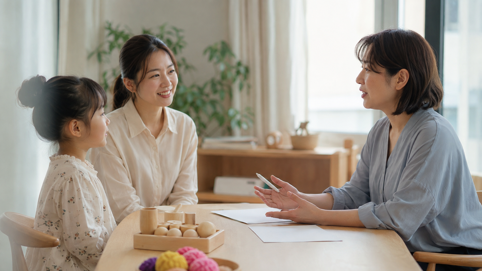 아이에게 필요한 활동을 전문가와 의논하는 보호자와 어린이