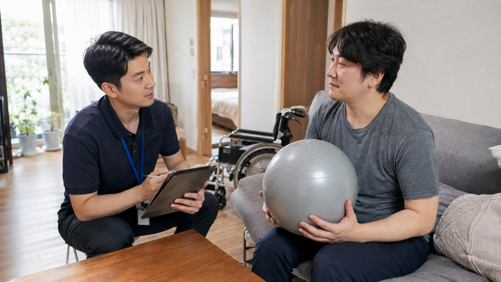 가정에서 재활 전문가와 일상 움직임을 상담하는 성인