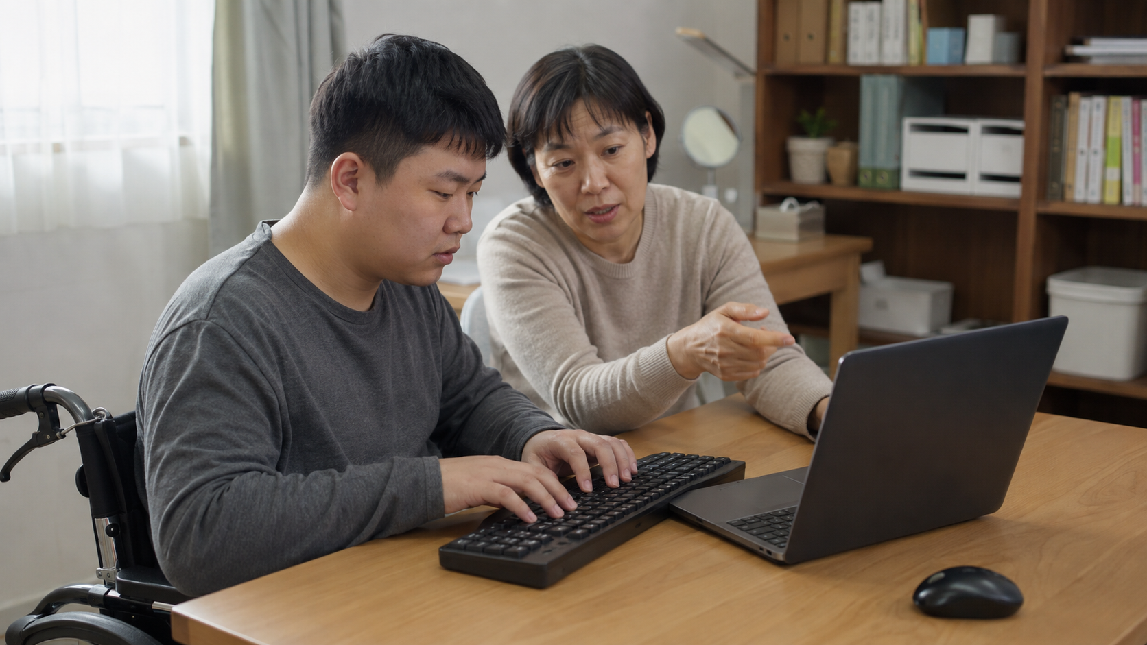 집에서 강사와 일대일 컴퓨터 교육을 하는 성인