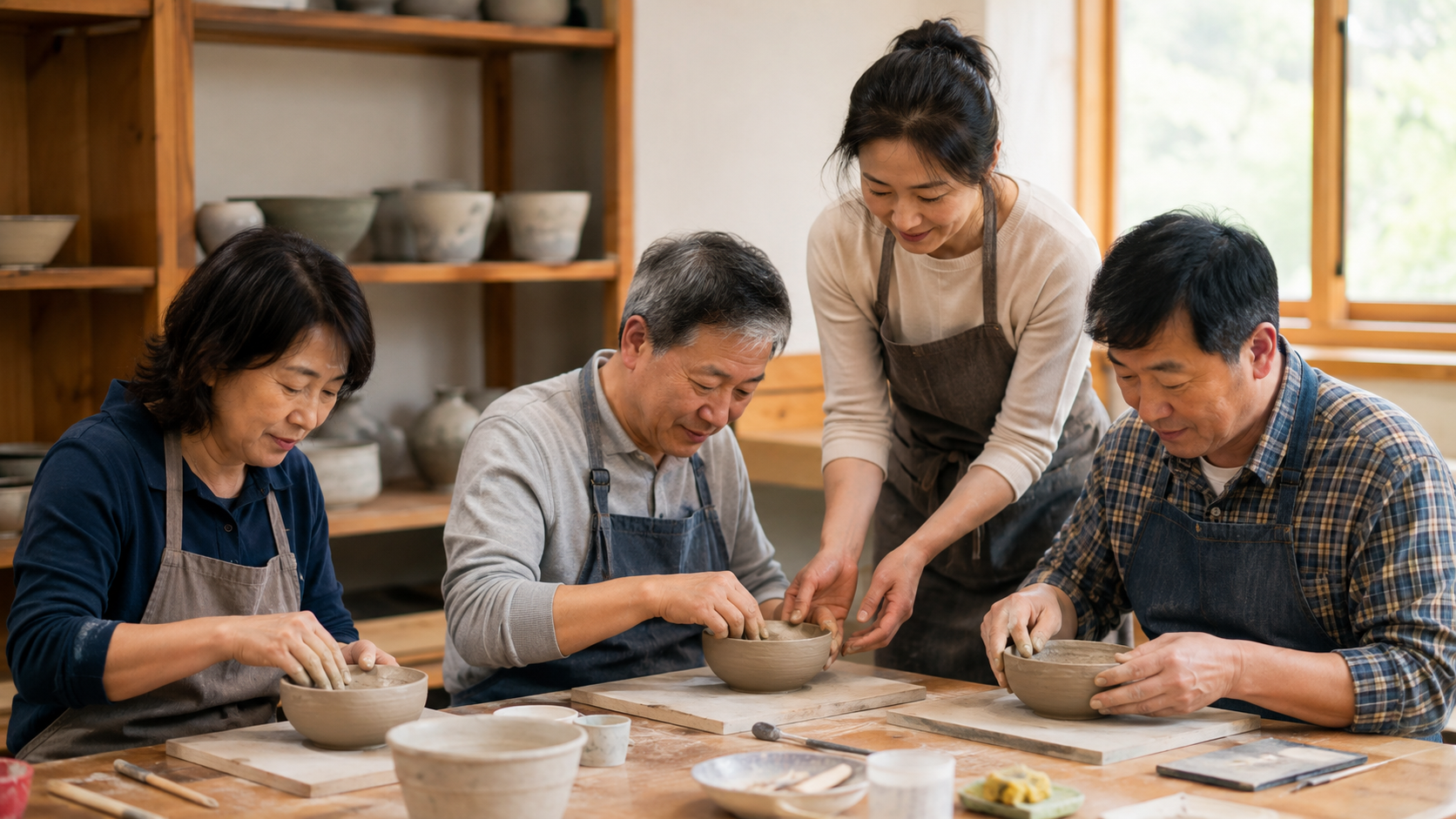 성인 발달장애인 주간활동서비스 신청 방법 4 공예실에서 동료와 도자기 활동을 하는 성인 이용자들
