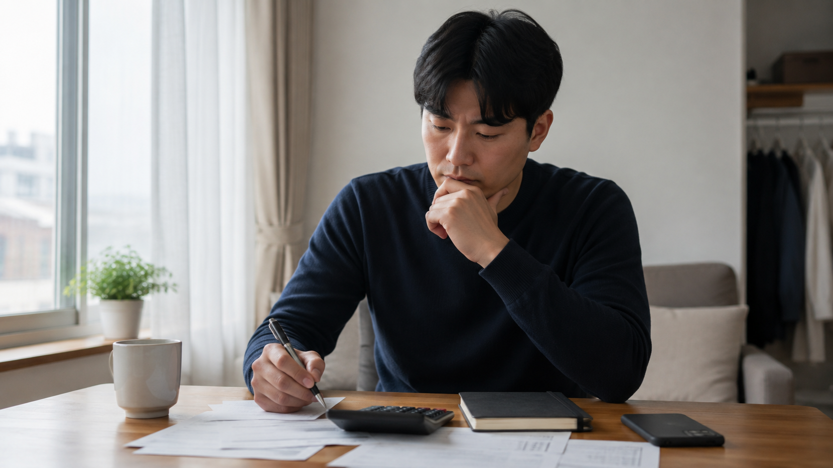 집에서 월별 지출과 보험료 부담을 정리하는 주민