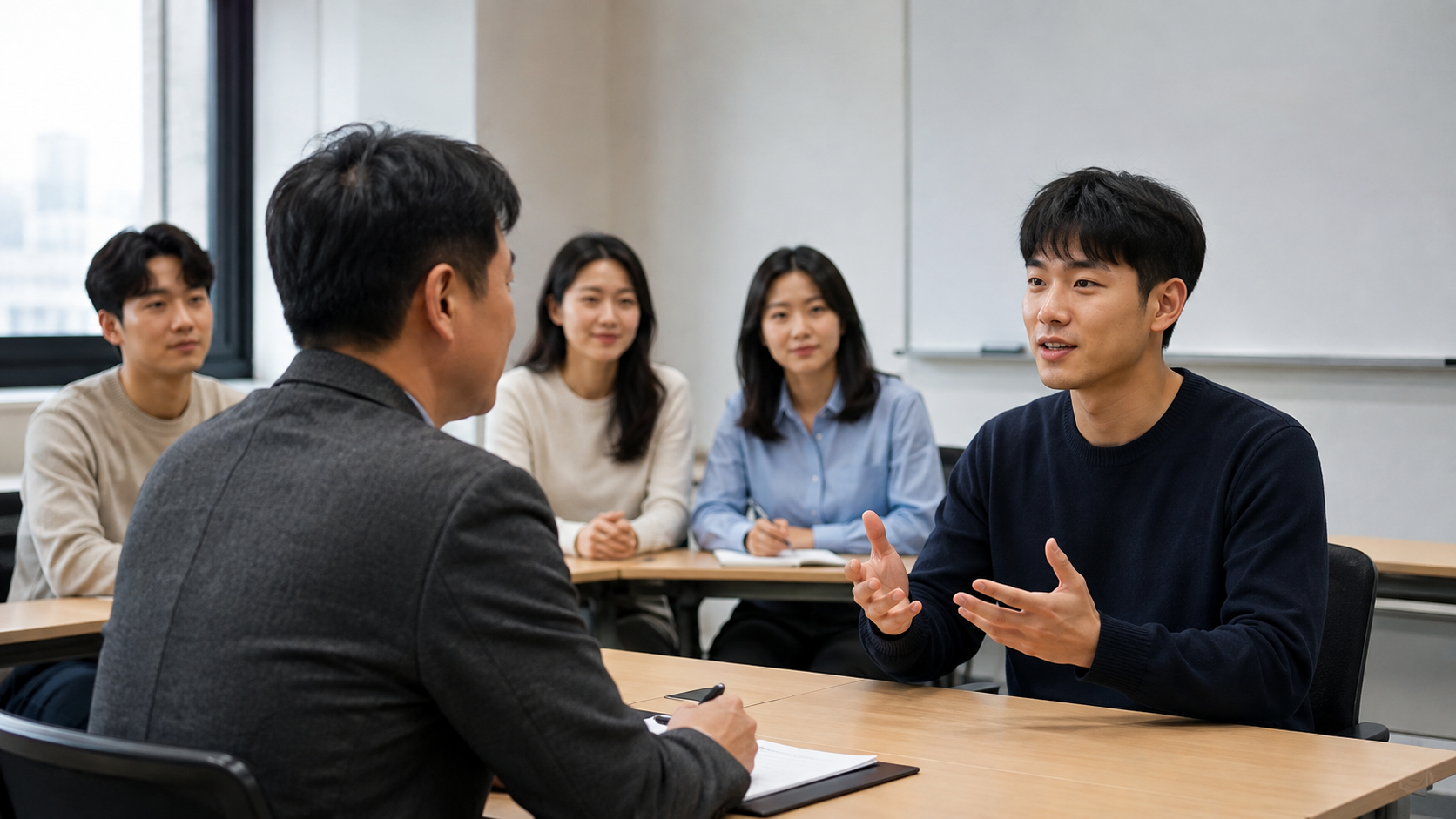 취업지원 프로그램에서 모의면접에 참여하는 구직자들