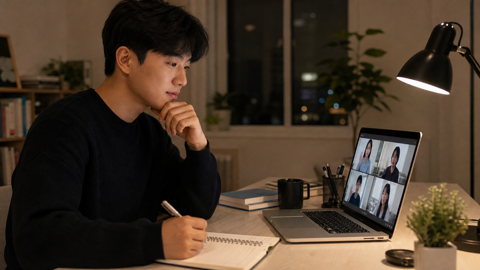 청년이 온라인 커리어 워크숍에 집중하며 자신의 방향을 기록하는 모습