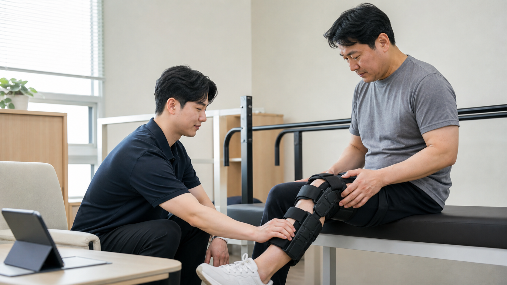 성인이 전문가의 안내를 받으며 보조기기의 사용감을 확인하는 모습