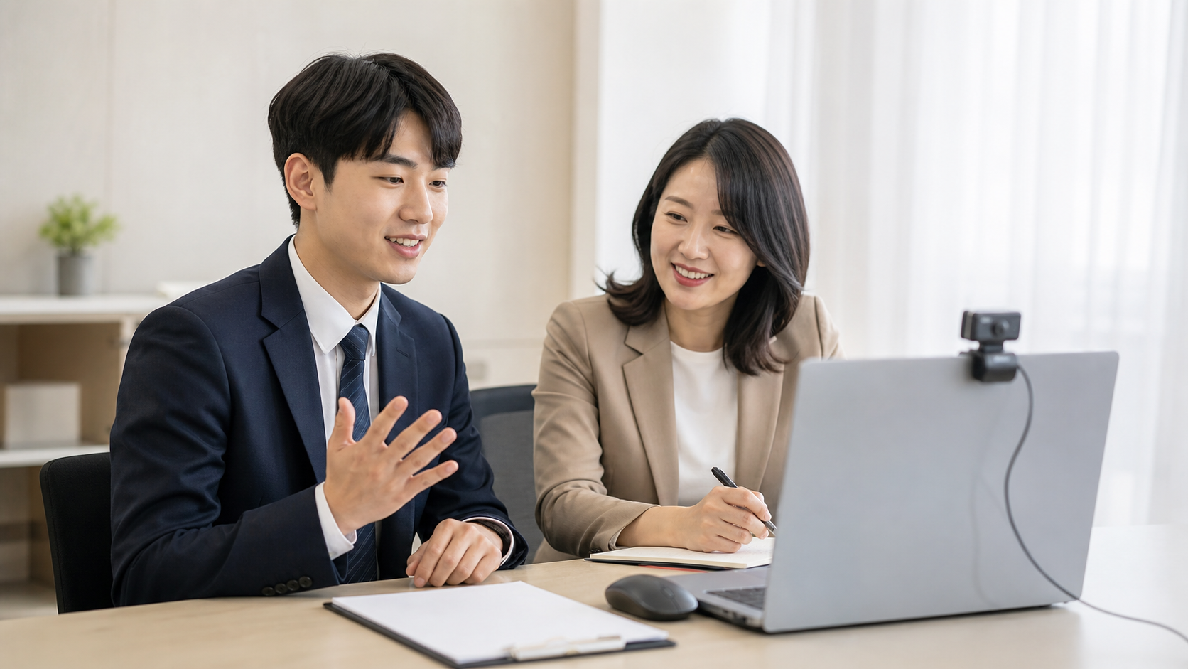 직업계고 졸업생이 상담자와 화상면접 준비를 연습하는 모습
