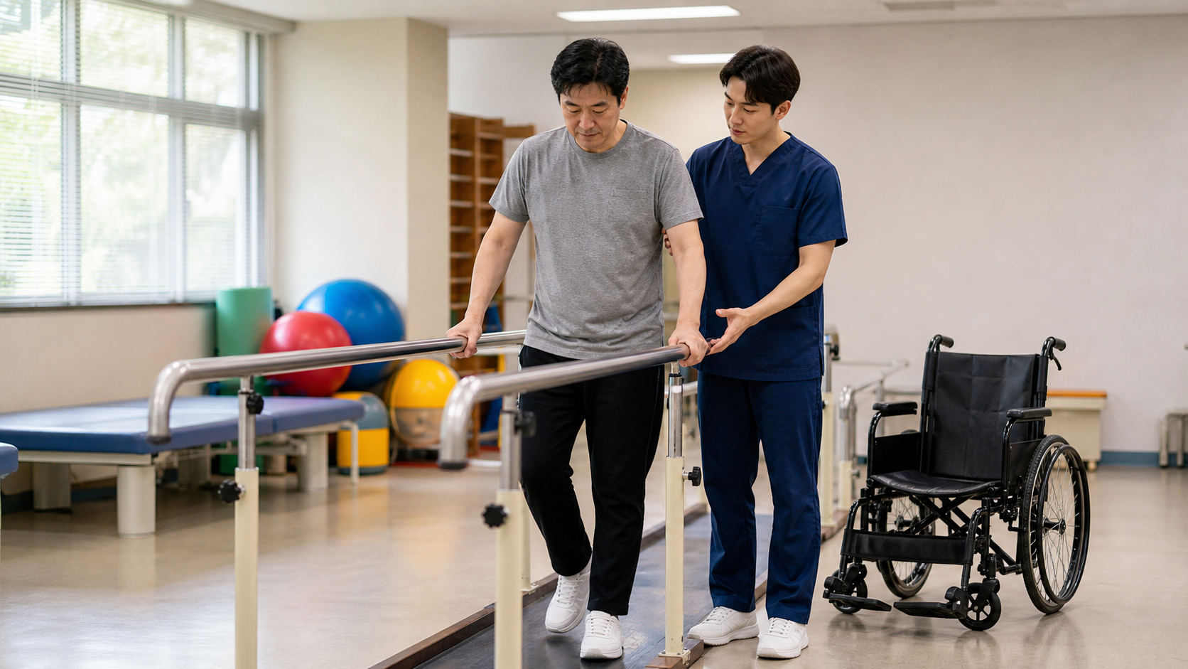 이동에 어려움이 있는 이용자가 재활치료사와 보행 훈련을 하는 모습