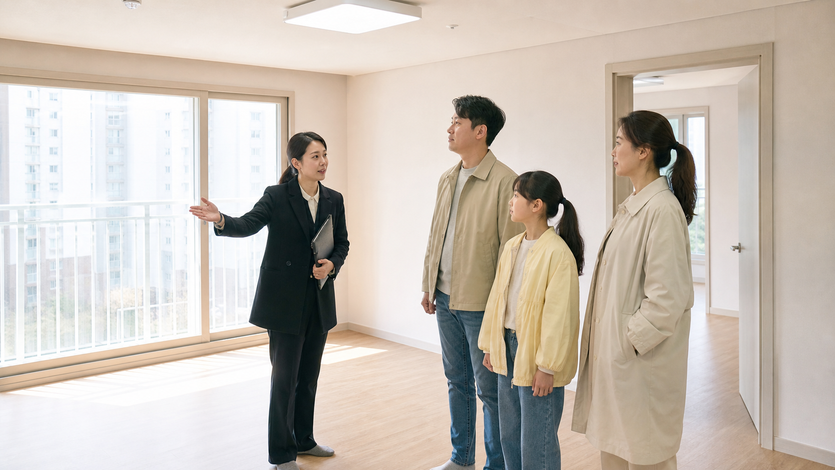 한국 가족이 주택 담당자와 함께 공공임대 아파트 내부를 살펴보는 모습