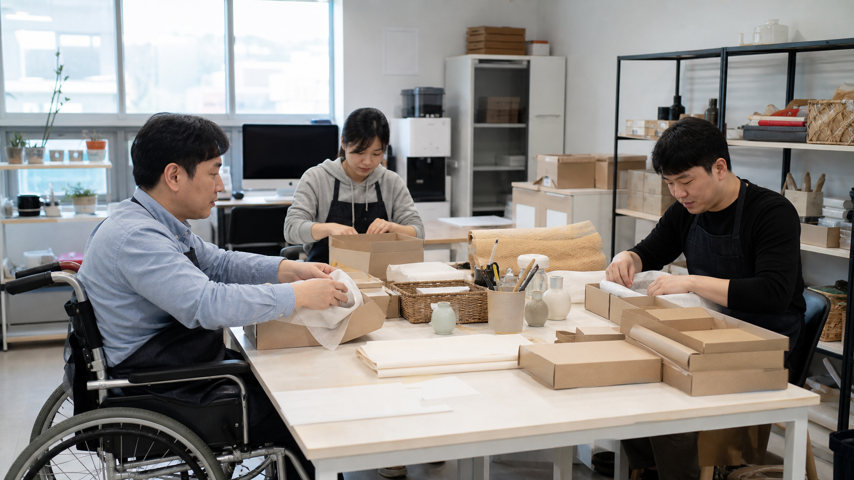 장애인 창업가와 팀원들이 창업보육실 작업공간에서 제품 포장을 준비하는 모습