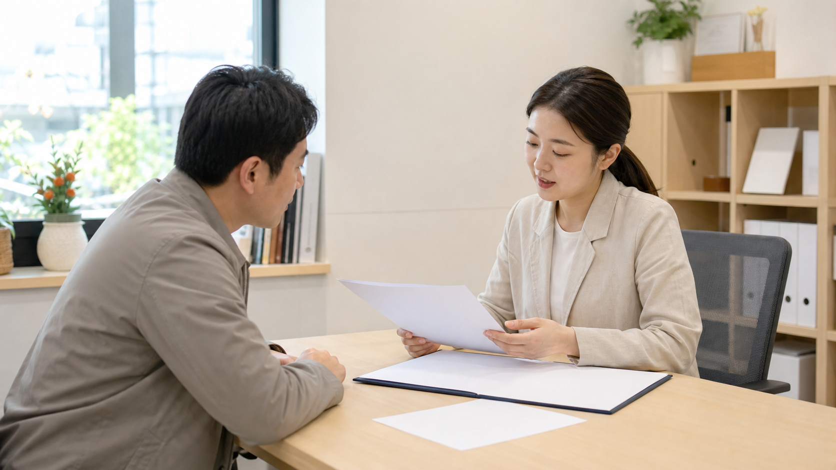 부모와 상담 담당자가 빈 서류를 함께 살펴보며 지원 절차를 확인하는 모습