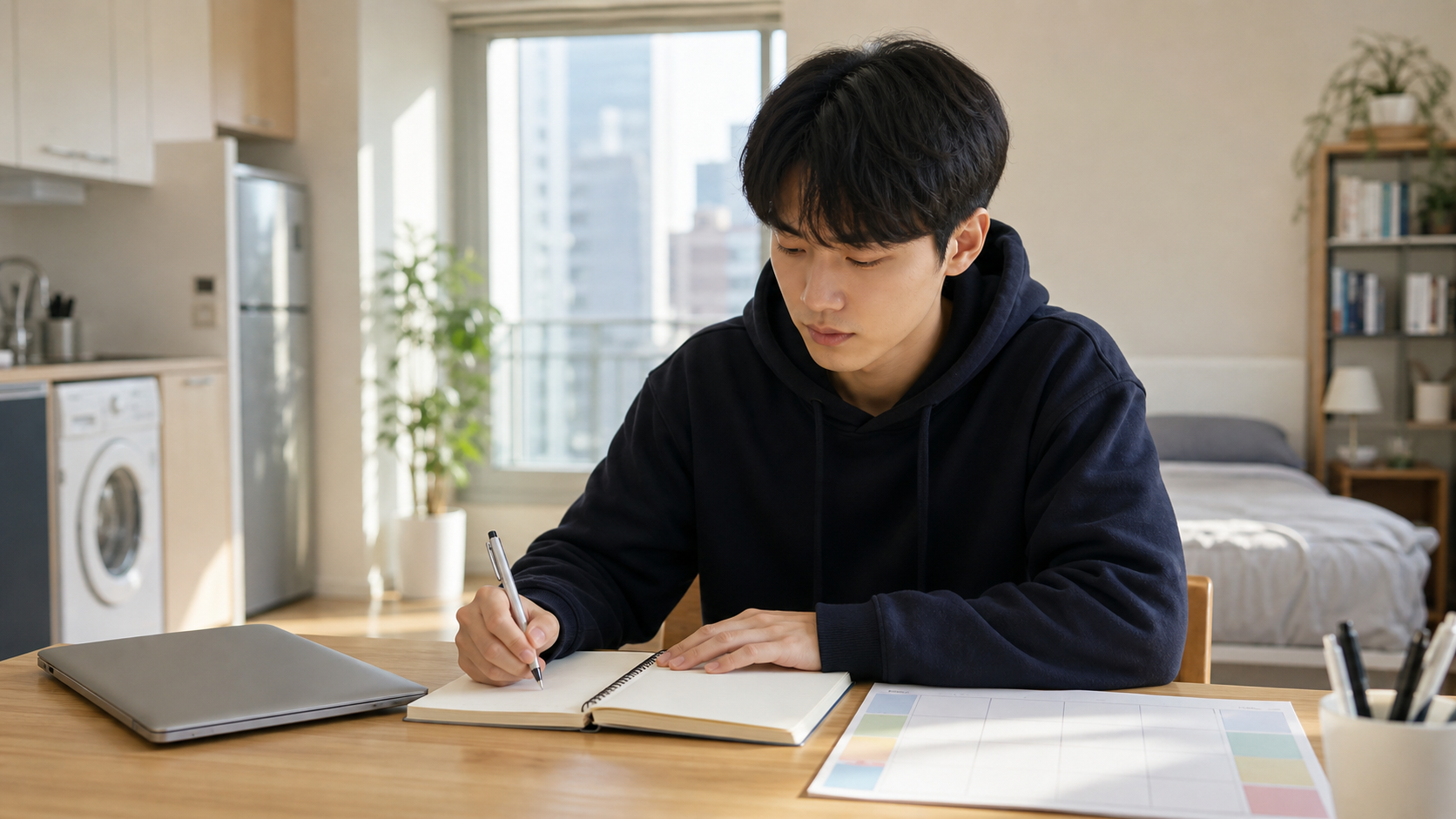 자립준비청년이 집에서 노트에 생활 계획과 지원 문의 항목을 정리하는 모습