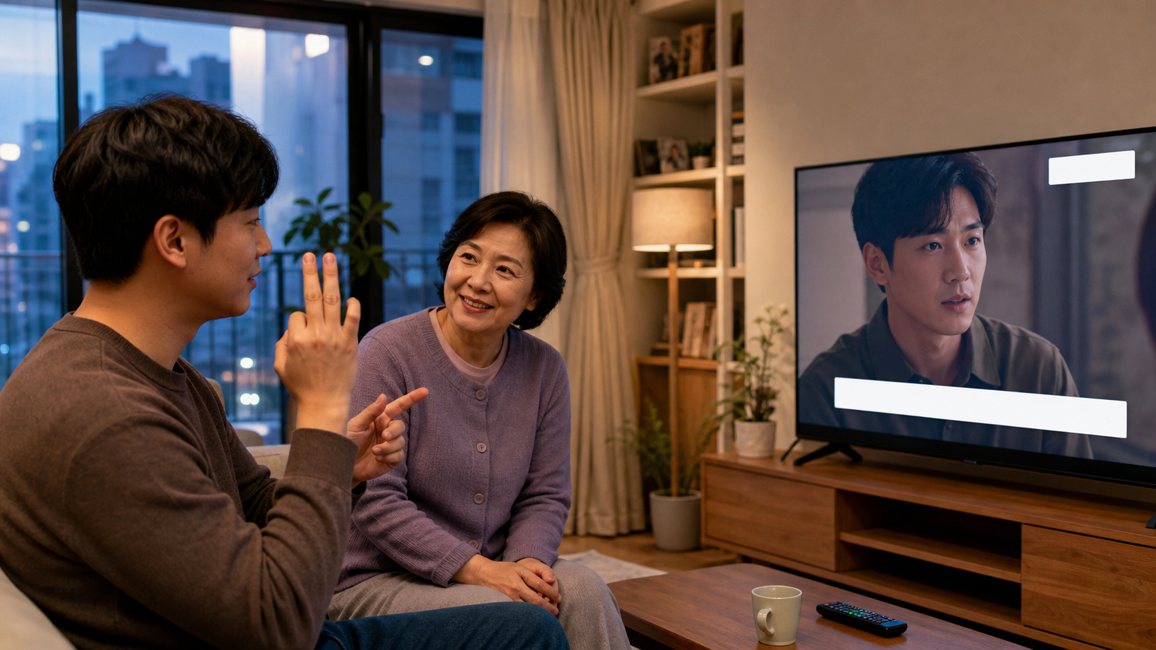 청각장애인 사용자가 큰 자막이 표시된 TV를 가족과 편안하게 시청하는 모습