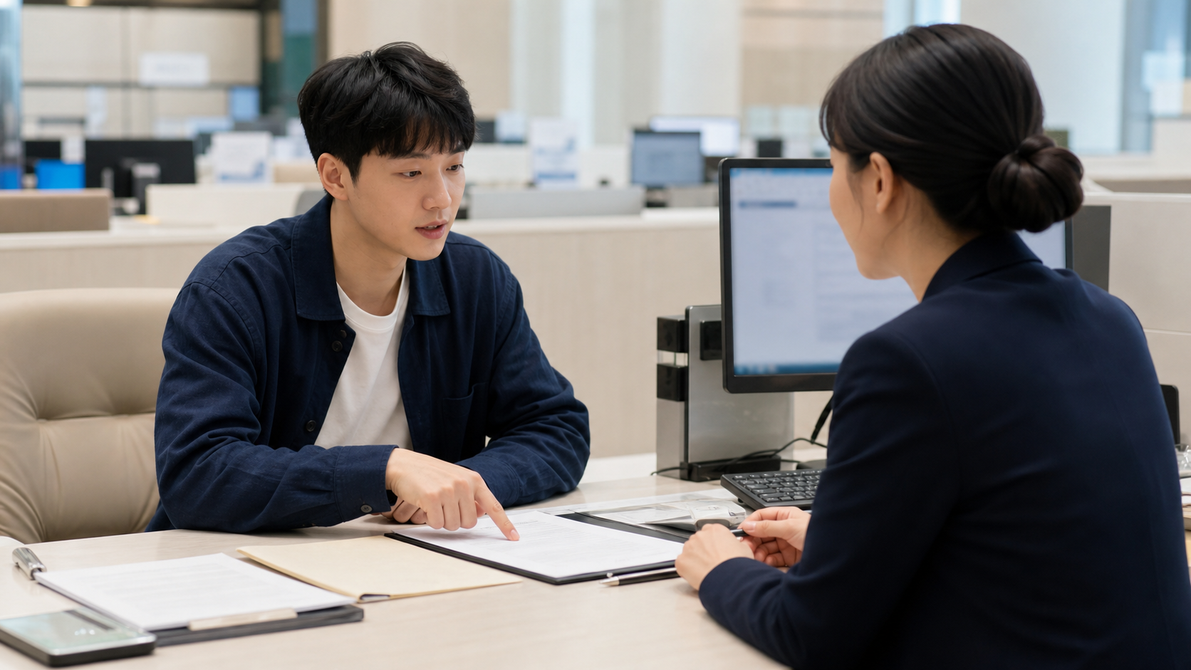 한국의 청년 세입자가 은행 상담 창구에서 버팀목 전세자금 대출을 문의하는 모습