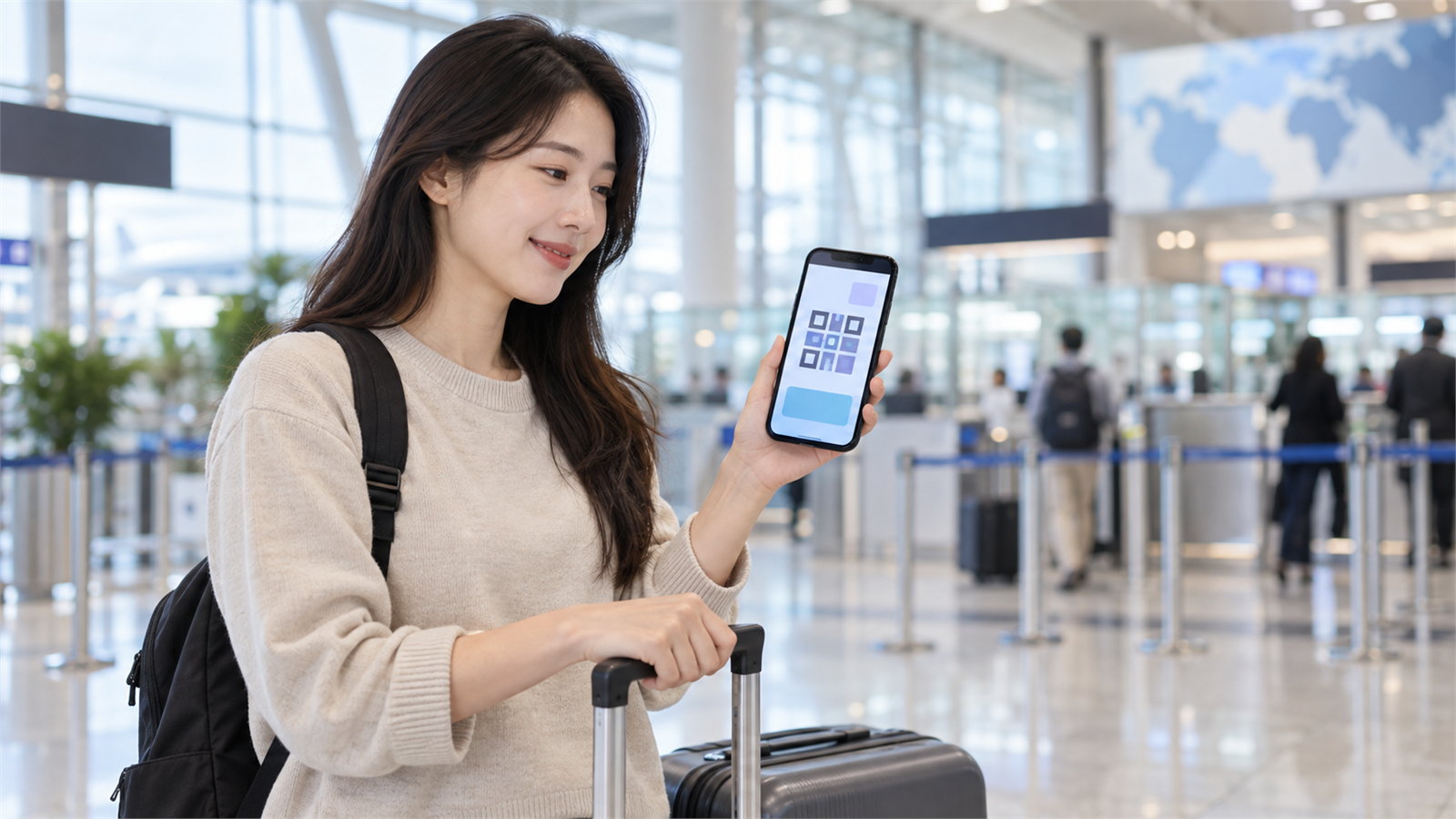 공항에서 스마트폰의 일반 QR 화면을 확인하는 한국인 여행객