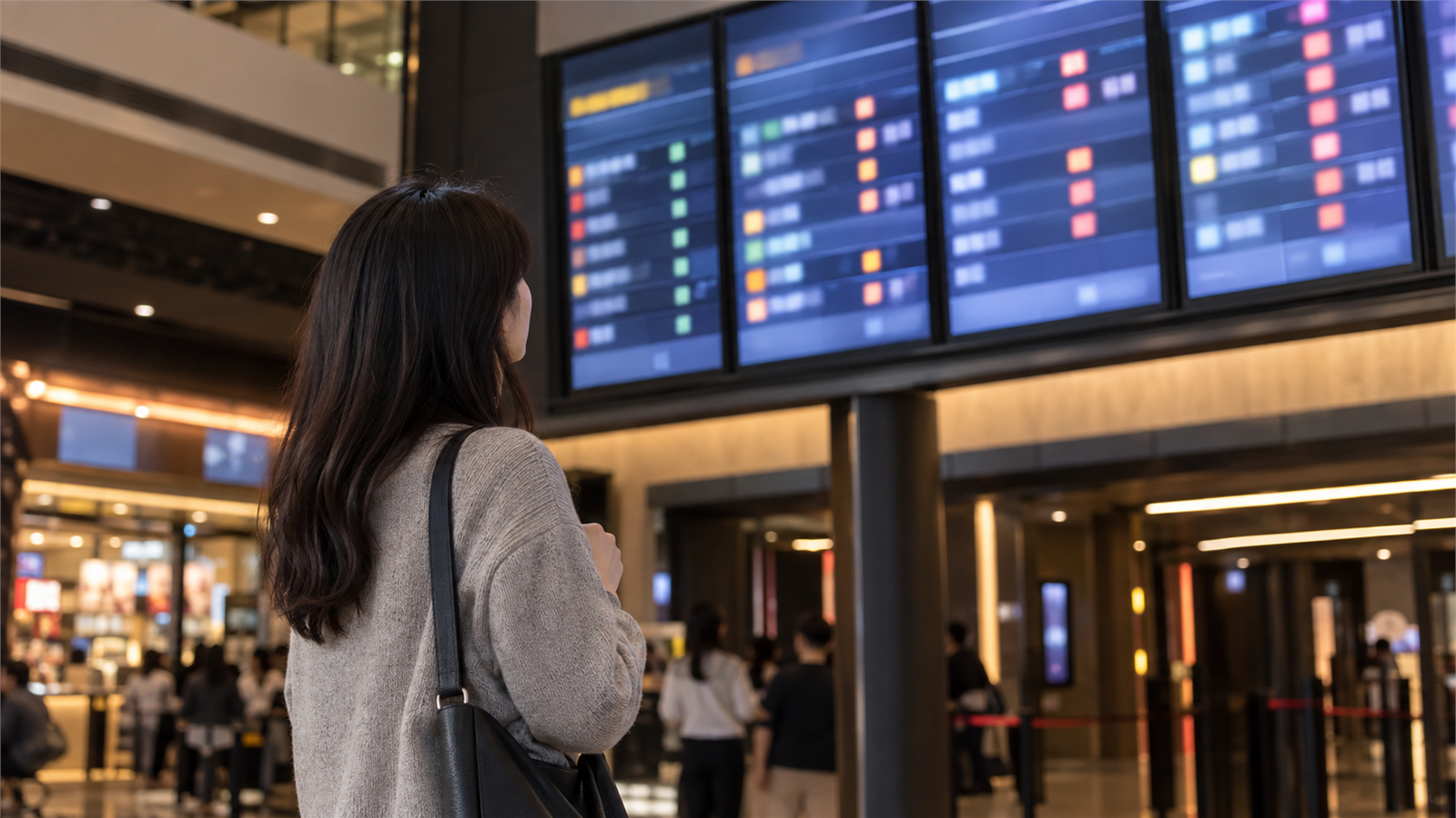 한국 영화관에서 상영 시간표 화면을 확인하는 관람객