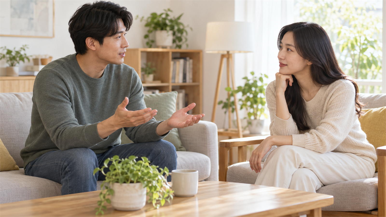 밝은 거실에서 서로의 경계와 동의를 차분히 이야기하는 한국 성인 커플