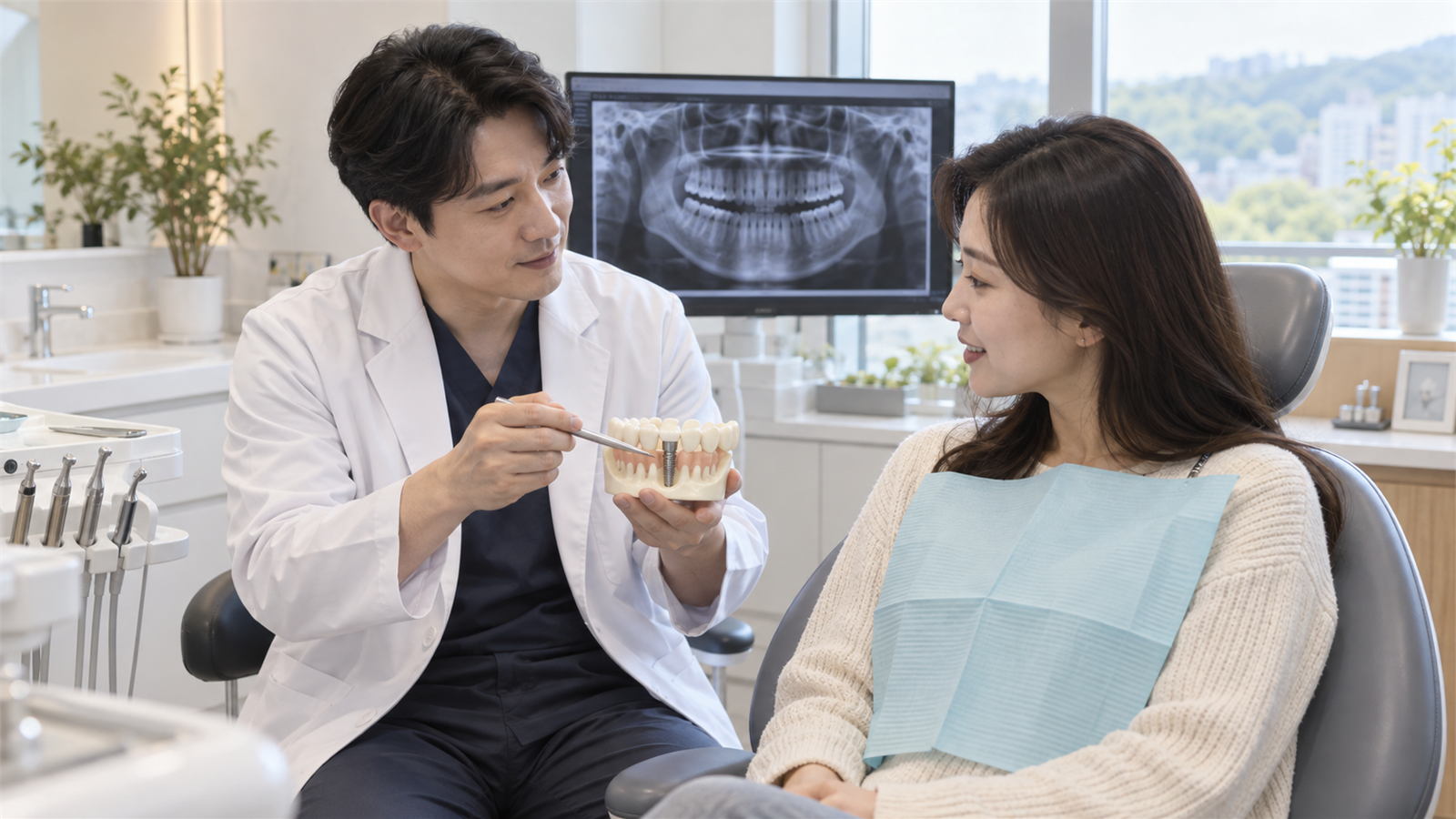 치과 전문의가 환자에게 임플란트 모형으로 치료 선택지를 설명하는 상담 장면
