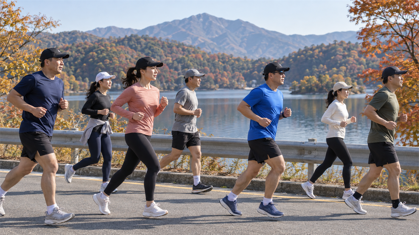 가을 산과 호수를 배경으로 도로를 달리는 마라톤 참가자들