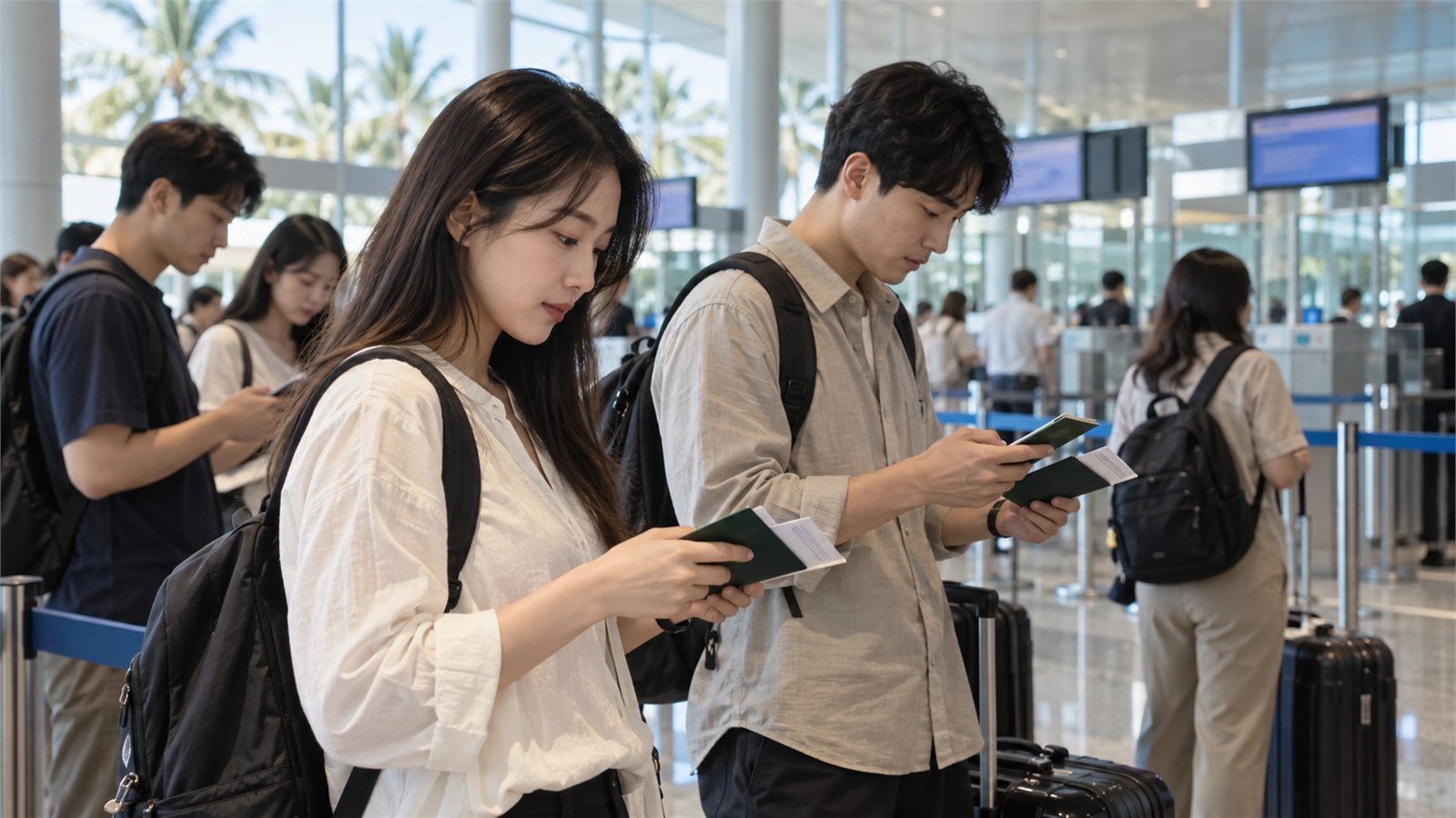 한국인 여행객들이 공항 입국 구역에서 여권과 휴대전화를 확인하는 모습