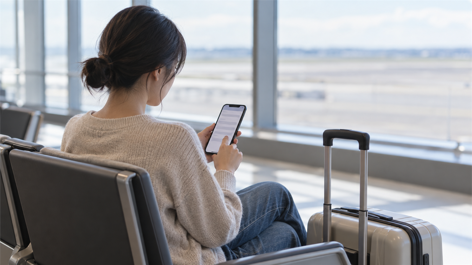 공항 대기석에서 여행자가 스마트폰으로 입국 양식을 확인하는 모습