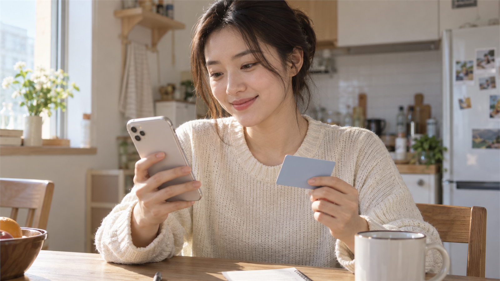 성인이 집에서 무표기 카드와 스마트폰으로 잔액을 확인하는 모습